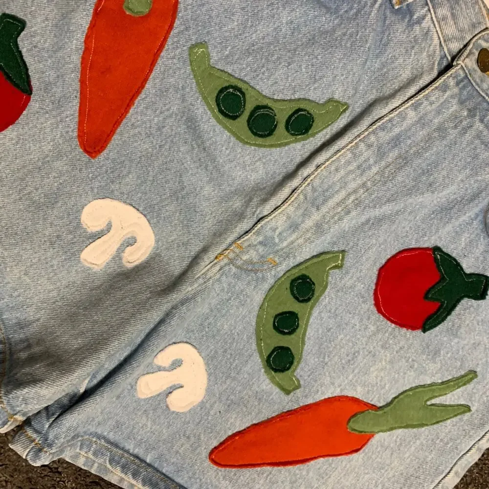 Custom Upcycled Vintage Veggie Gardener Denim Shorts